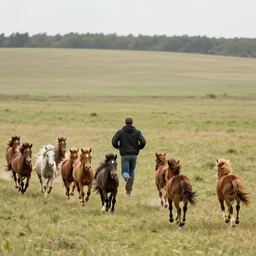 a man running away from many tiny horses
