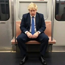 Boris Johnson wearing suit and necktie and black shoes sitting in a subway train