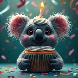 a cupcake koala, happy birthday, party, confetti, dark green blue, happy, cinematic, realistic, unreal engine