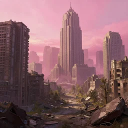 postapocalyptic city of syzran!!!, in fallout style!!!, militaristic!!!, rubble, hyperrealistic, highly detailed, cinematic, pink sunlight, romantic, beautiful, cgssociety, artstation, 8 k, oil painting by greg rutkowski, by artgerm, by wlop