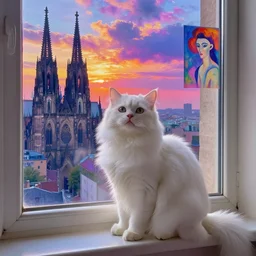 dreamy fuzzy white cat sitting in a window, city with gothic cathedral. sun setting through the clouds, vivid iridescent psychedelic colors. munch, agnes pelton, egon schiele, henri de toulouse - lautrec, utamaro, matisse, monet