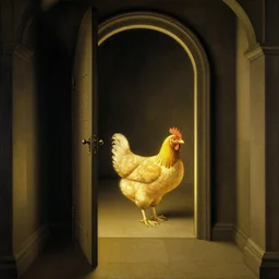a chicken in a hall with a glowing orb at the end, glowing orb door, by jan van eyck