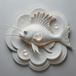 angler fish sculpture, stylized layered shapes, bioluminescent orbs, diffuse lighting, fantasy, intricate, elegant, highly detailed, lifelike, photorealistic, digital painting, artstation, illustration, concept art, smooth, sharp focus, art by h r giger