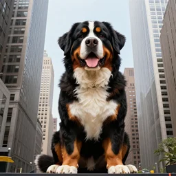 100-foot-tall gigantic Bernese Mountain Dog squeezing between skyscrapers in downtown New York City