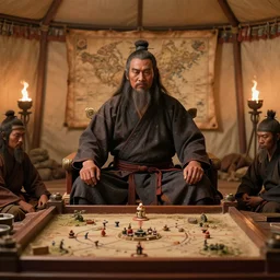 close - up portrait of smart three tai warriors sit around pretty face tai warlord who sit on the thone in tai ancient war traditional tent, with strategical sandbox on the woonden table and old leather map on the wall, minimal interior decoration, light from bonfires and torches, high - detailed face, detailed and intricate environment, ultra realistic photo, detailed and intricate environment,