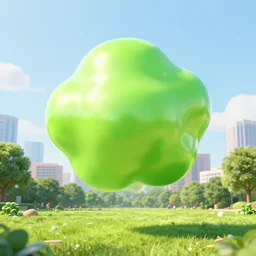 chartreuse chrome energy blob hovering city park