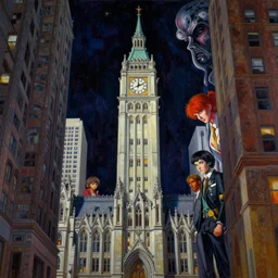 realistic detailed image of a clock tower in new york city by Ayami Kojima, Amano, Karol Bak, Greg Hildebrandt, and Mark Brooks, Neo-Gothic, gothic, rich deep colors. Beksinski painting, part by Adrian Ghenie and Gerhard Richter. art by Takato Yamamoto. masterpiece