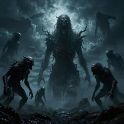 the scariest storm surrounded by horror creatures in the scariest sky, epic scene, dark, scary, horror, frightening, fantasy, cinematic, redshift render, cgi, hyper - detailed, photo - bash, 8 k post - production, masterpiece, in the style of greg rutkowski