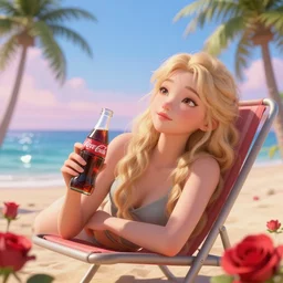 a beautiful blond asian girl lay on chair hold coke in beach, rose, palm tree, majoy dreamlike sky, mediterranean, sharp focus, masterpiece, lifelike, animated,, character select portrait, by artgerm, greg rutkowski, alphonse mucha, 3 d, hyper detailed face, soft light, water reflection
