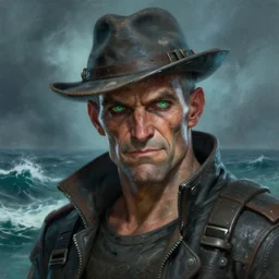 an intimate portrait of a gnarly human cyberpunk captain, old skin, faded hat, charming, strong leader, green eyes, a look of cunning, detailed matte fantasy painting, the sea and storms behind him