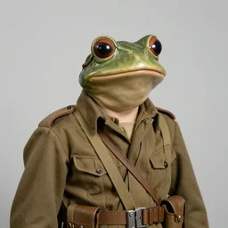 grainy 1940’s WWII military portrait of a frog dressed as a soldier, professional portrait HD, authentic