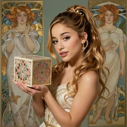 beautiful cottagecore Ariana Grande holding a cube  , intricate, elegant. highly detailed, digital painting, artstation, concept art, smooth, sharp, focus, illustration, background color fffd32, art by artgerm and greg rutkowski and alphonse mucha