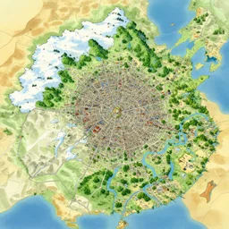 treasure map of a realm with many cities, forests, snowy region, desert, lakes, artstation, illustration by makoto shinkai and moebius and jean giraud