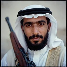medium format photograph of bedouin man with rifle, beard, close up, ektachrome, hasselblad film shallow focus portrait, soft light photographed on expired color film, annie liebovitz,