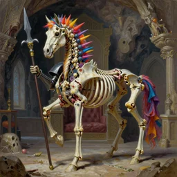 vibrant painting by Laurie Lipton of a colorful spiked horse skeleton with armored joints stands in a large cavernous throne room with halberd in hand, Massive shoulderplates. Extremely high detail, realistic, fantasy art, solo, masterpiece, bones, ripped flesh, by Zdzisław Beksiński, Arthur Rackham, Dariusz Zawadzki, Harry Clarke