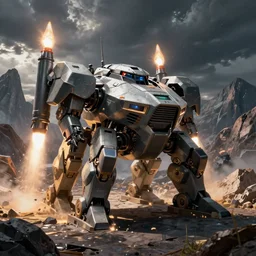 an armored core v on the ground, booster flares, legs, rifles, karst landscape, art by greg rutkowski