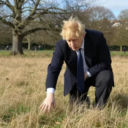 photo still of boris johnson touching grass, 8 k, sunny day in a park, dead dry grass, dead trees