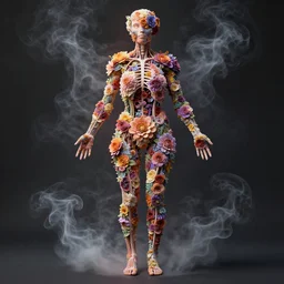 anatomy full body made of flowers, very detailed, 8k, maximized, ornate, masterpiece, complex, by Greg rutkowski, Alex Gray, surrounded by smoke