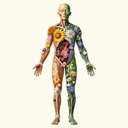 highly detailed illustration of a human anatomy body exploded by all the known species of flowers by oliver vernon