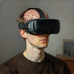 man wearing vr - brain - interface. painted by francis bacon, painted by hieronymus bosch, digital art.