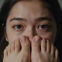 7 0 s film still from a horror movie of a young adult with toenails for eyelids, kodachrome, cinecolor, cinestill, photorealism, cinematic, film grain, film texture, vhs recording