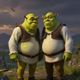shrek in the style of lovers by rene magritte