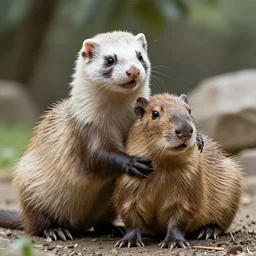 a cute smiling ferret hugging a capybara, realistic