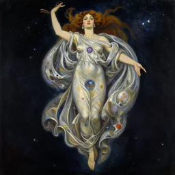 highly detailed painting of gemini goddess wearing planetary gown floating in deep space by tamara de lempicka