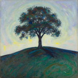 lone tree on hill by cy Twombly and BASTIEN LECOUFFE DEHARME, iridescent, volumetric lighting