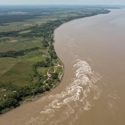 top view of muddy river delta joining sea by hiroshi yoshida, ridley scott, roger deakins, turner, rothko, hyperrealism, cinematic turbulent north american landscape, matte painting, fluid simulation, trending on artstation, 8 k high detail concept art, rendered in octane
