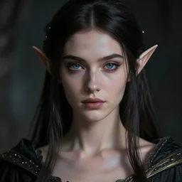 portrait of a queen elven mage, dark, piercing eyes, gentle expression, elegant clothing, photorealistic, highly detailed, artstation, smooth, sharp focus, art by michael whelan, artgerm, greg rutkowski and alphonse mucha