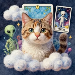 a ultradetailed watercolor art of cat with wool felting clouds illustration by nico delort, colorful alien background, 4 k resolution, high detailed, matte painting, tarot card style, nasa photo