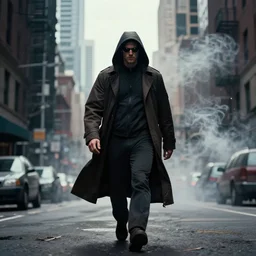 watchman universe, doctor manhattan walking down street wearing a hoodie, buildings turning to smoke