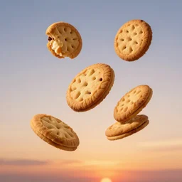 cookies falling from the sky, sunset background, hd photo, 33mm