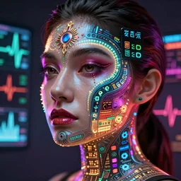 face with intricate and detailed light-emitting OLED tatoos showing health information and vital sign visualizations, heart rate, ultra HD realistic wide focus 8k ultra soft light RTX on VFX octane render pixiv pinterest colorful more reflection