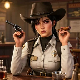 complexity, detailed ultra sharp, beautiful woman sheriff, global lighting, theme western saloon, booze, revolver, cigars, sheriff sitting in saloon, fibonacci eyes, red dead redemption game, detailed faces, clean face, yoshihiro togashi style.