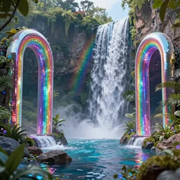 Rainbow disco smokey portals to beautiful waterfall dimension, artstation, highly detailed 8k