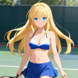 a very beautiful young anime tennis girl, long blond hair, sky blue eyes, full round face, short smile, bikini, miniskirt, highly detailed, cinematic wallpaper by stanley artgerm lau