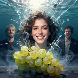 friendly batch of grapes with a smile, chaotic storm of liquid smoke, stylized beauty portrait, by petros afshar, ross tran, tom whalen, peter mohrbacher, artgerm, shattered glass, bubbly underwater scenery, radiant light