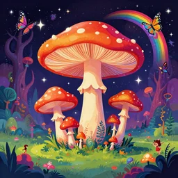 psychedelic mushrooms, enchanted cosmic forest, mushrooms on the ground, small fairies, stars in the sky, butterflies, rainbows, psychedelic, wide angle shot, vector art, big big big, fantasy poster by helen huang and frank frazetta and salvador dali