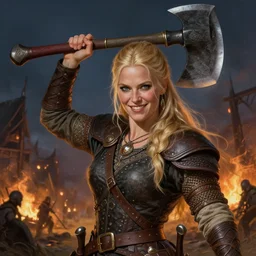 an ultradetailed portrait of a beautiful and tough looking blonde viking woman, carrying a large axe above her head, fantasy, intricate, elegant, highly sharp focus, illustration, digital painting, smiling playfully, burning village in the background, night time raid, 8 k, artstation, fine detail, art by frank frazetta