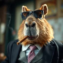 a closeup shot of a capybara wearing a suit smoking a cigar, high quality, ultra hd, cinematic, dramatic liighting