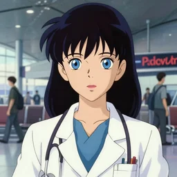 a full body portrait of a 1 9 9 0's doctor disney style girl, blue eyes, finely detailed features, closeup at the faces, perfect art, in the airport yard, gapmoe yandere grimdark, trending on pixiv fanbox, painted by greg rutkowski makoto shinkai takashi takeuchi studio ghibli, akihiko yoshida,
