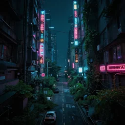 overgrown cyberpunk city street, neon light, dark