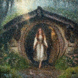 beautiful brunette girl in a medieval hobbit home, ornate, beautiful, atmosphere, vibe, mist, rain, wet, rain drops, puddles, forest, flowers, concept art illustration, color page, 4 k, tone mapping, doll, akihiko yoshida, james jean, andrei riabovitchev, marc simonetti, yoshitaka amano, digital illustration, greg rutowski, volumetric lighting, sunbeams, particles, ilya kuvshinov