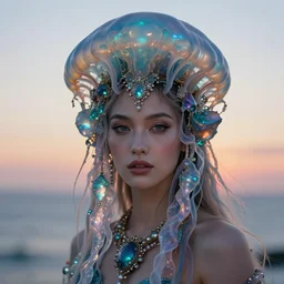 photographic portrait of a stunningly beautiful oceanpunk, empress queen wearing intricate precious opalescent sentient jellyfish crown, in soft dreamy light at sunset, by edward robert hughes, annie leibovitz and steve mccurry, david lazar, jimmy nelsson, breathtaking, 8 k resolution, extremely detailed, beautiful, establishing shot, artistic, hyperrealistic, beautiful face, octane render