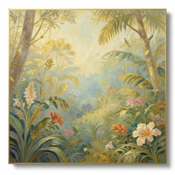 a beautiful painting of jungle plants, flowers, birds at distance, gilded gold, 4 k unreal engine renders, ultra - wide angle, by victo ngai, jen yoon, geof darrow, peter mohrbacher, johfra bosschart, thomas kinkade, miho hirano, hd, pastel color scheme