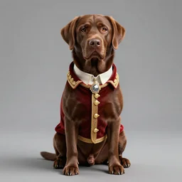 a brown labrador dog sitting and wearing royal clothes, octane render, 8k, high quality