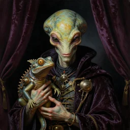 a close - up portrait painting of an alien wizard magician holding a steampunk lizard. dark velvet curtains in a gloomy dark background. highly detailed science - fiction painting by norman rockwell, moebius, frank frazetta, and syd mead. rich colors, high contrast. artstation