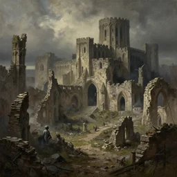 High-Quality realist painting of the ruins of a medieval city after a war, ominous, very detailed, digital art.